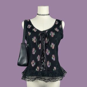 Vintage Y2K Black Floral Lace Corset Tank Top Womens M Whimsigoth